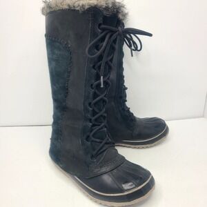 SOREL Cate the Great Winter Tall Suede Leather Boots Womens 7 Faux Fur Black